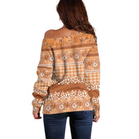 Hawaiian Hibiscus Honu Off Shoulder Sweater Gold Mele Kalikimaka Palaka Spirit LT9 - Polynesian Pride