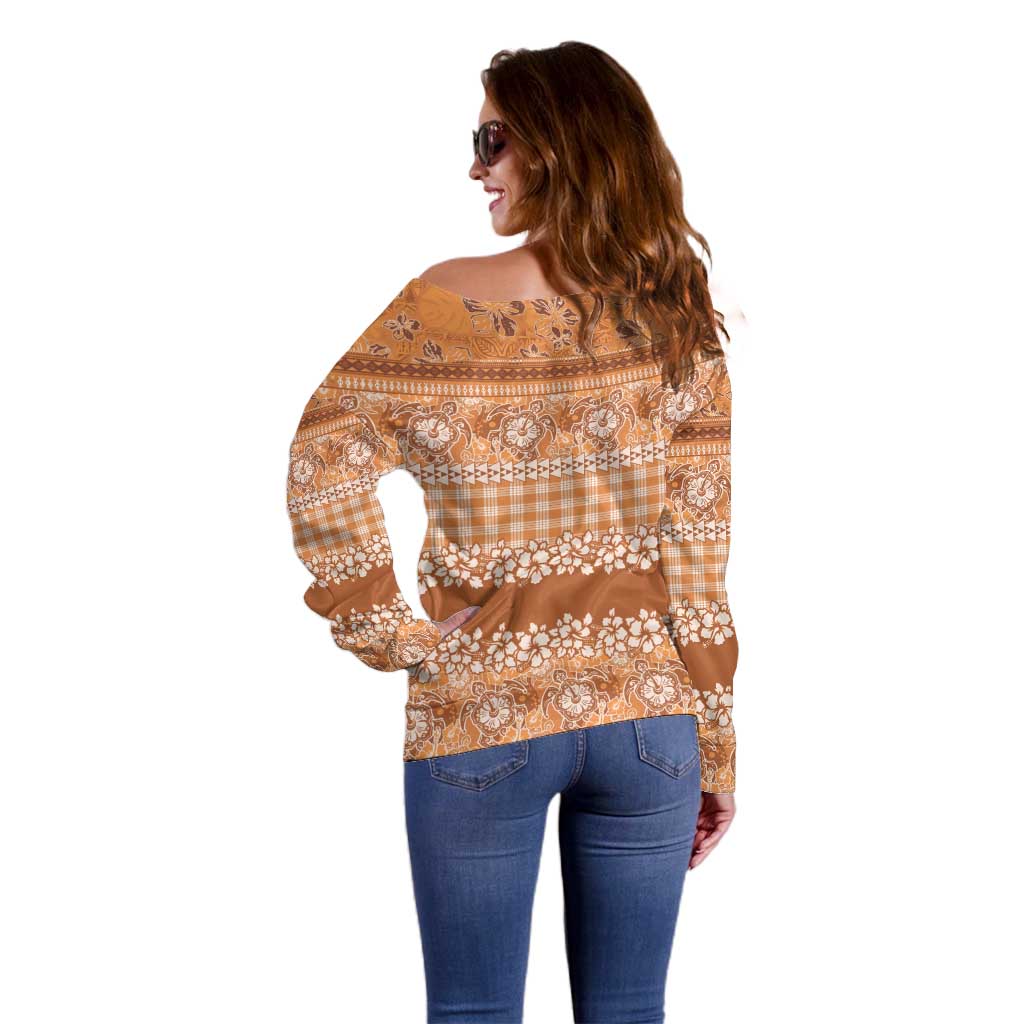 Hawaiian Hibiscus Honu Off Shoulder Sweater Gold Mele Kalikimaka Palaka Spirit LT9 - Polynesian Pride
