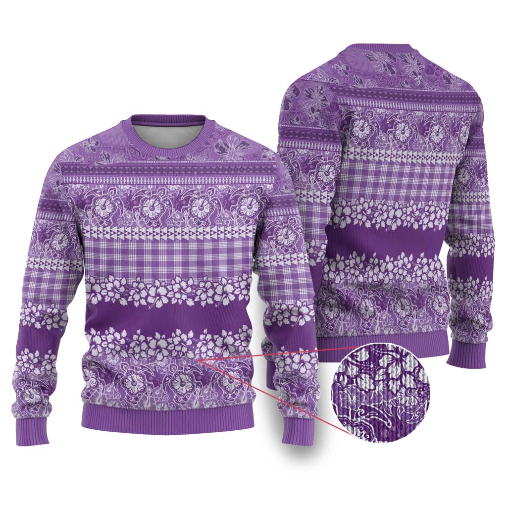 Hawaiian Hibiscus Honu Ugly Christmas Sweater Purple Mele Kalikimaka Palaka Spirit LT9 Purple - Polynesian Pride