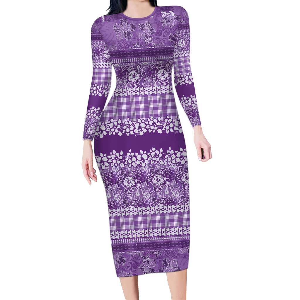 Hawaiian Hibiscus Honu Long Sleeve Bodycon Dress Purple Mele Kalikimaka Palaka Spirit LT9 Long Dress Purple - Polynesian Pride