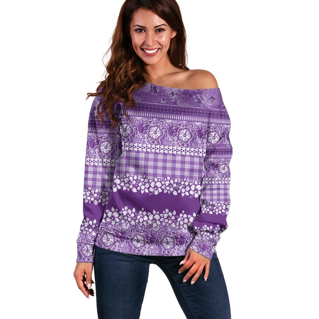 Hawaiian Hibiscus Honu Off Shoulder Sweater Purple Mele Kalikimaka Palaka Spirit LT9 Women Purple - Polynesian Pride