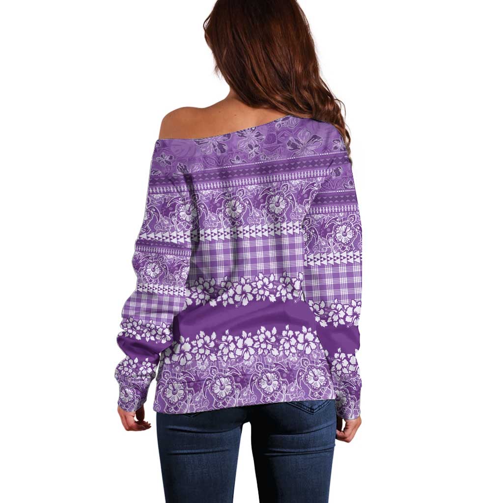 Hawaiian Hibiscus Honu Off Shoulder Sweater Purple Mele Kalikimaka Palaka Spirit LT9 - Polynesian Pride