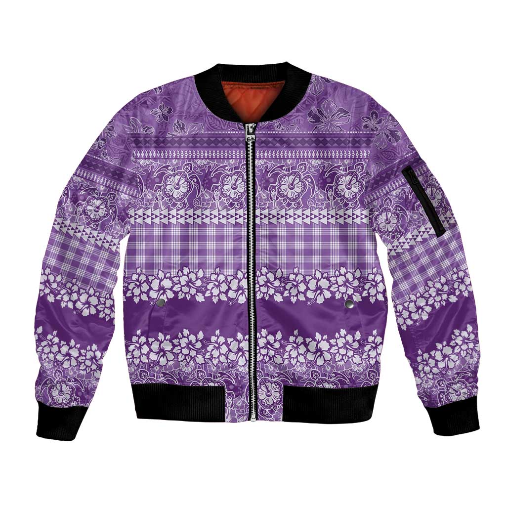 Hawaiian Hibiscus Honu Sleeve Zip Bomber Jacket Purple Mele Kalikimaka Palaka Spirit LT9 Unisex Purple - Polynesian Pride