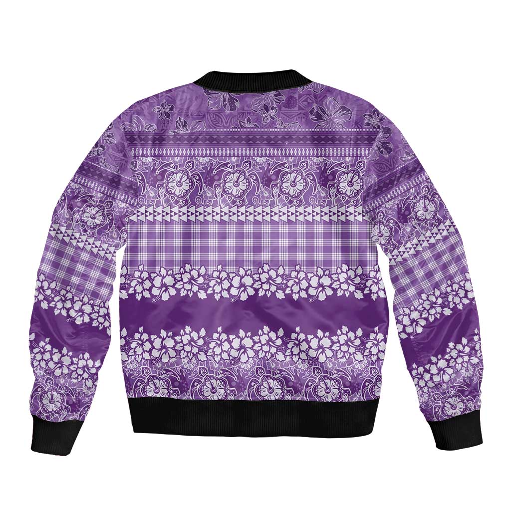 Hawaiian Hibiscus Honu Sleeve Zip Bomber Jacket Purple Mele Kalikimaka Palaka Spirit LT9 - Polynesian Pride