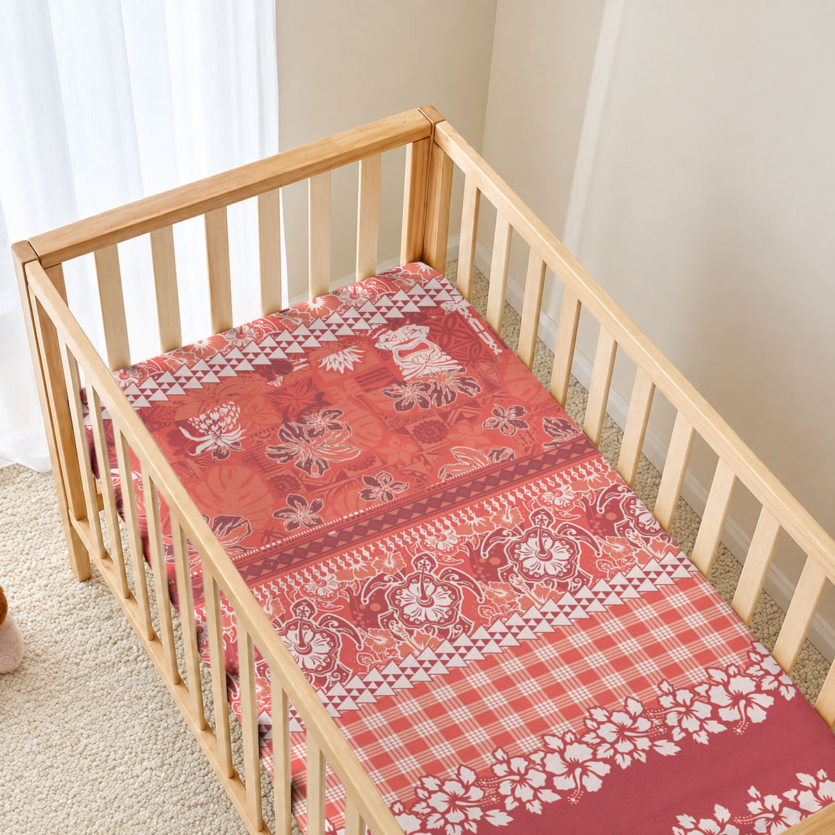 Hawaiian Hibiscus Honu Baby Bed Cover Red Mele Kalikimaka Palaka Spirit LT9 - Polynesian Pride