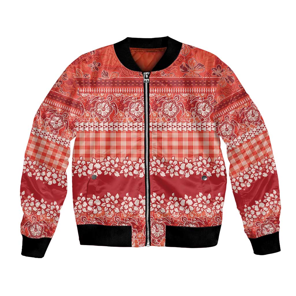 Hawaiian Hibiscus Honu Bomber Jacket Red Mele Kalikimaka Palaka Spirit LT9 Unisex Red - Polynesian Pride