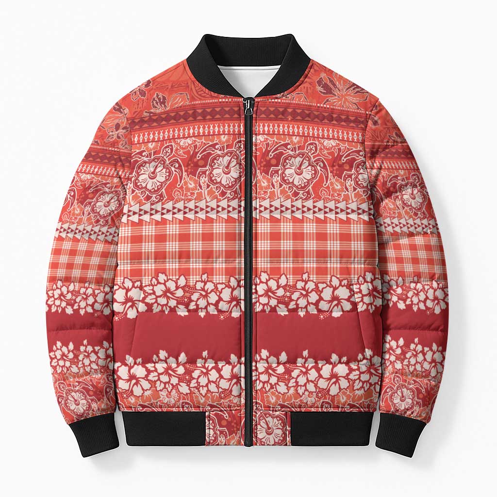 Hawaiian Hibiscus Honu Bomber Puffer Jacket Red Mele Kalikimaka Palaka Spirit LT9 Unisex Red - Polynesian Pride