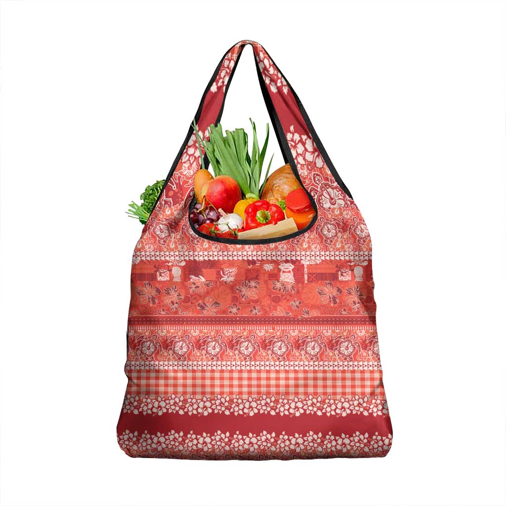 Hawaiian Hibiscus Honu Grocery Bag Red Mele Kalikimaka Palaka Spirit LT9 1-pack One Size Red - Polynesian Pride