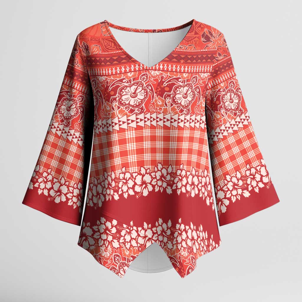 Hawaiian Hibiscus Honu Kimono Sleeve Blouse Red Mele Kalikimaka Palaka Spirit LT9 Female Red - Polynesian Pride