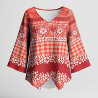 Hawaiian Hibiscus Honu Kimono Sleeve Blouse Red Mele Kalikimaka Palaka Spirit LT9 Female Red - Polynesian Pride