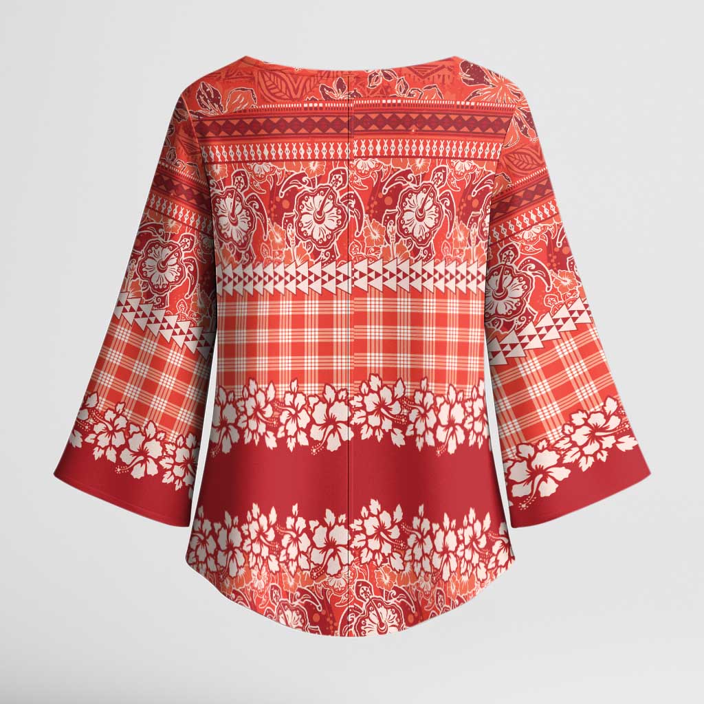 Hawaiian Hibiscus Honu Kimono Sleeve Blouse Red Mele Kalikimaka Palaka Spirit LT9 - Polynesian Pride