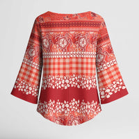 Hawaiian Hibiscus Honu Kimono Sleeve Blouse Red Mele Kalikimaka Palaka Spirit LT9 - Polynesian Pride