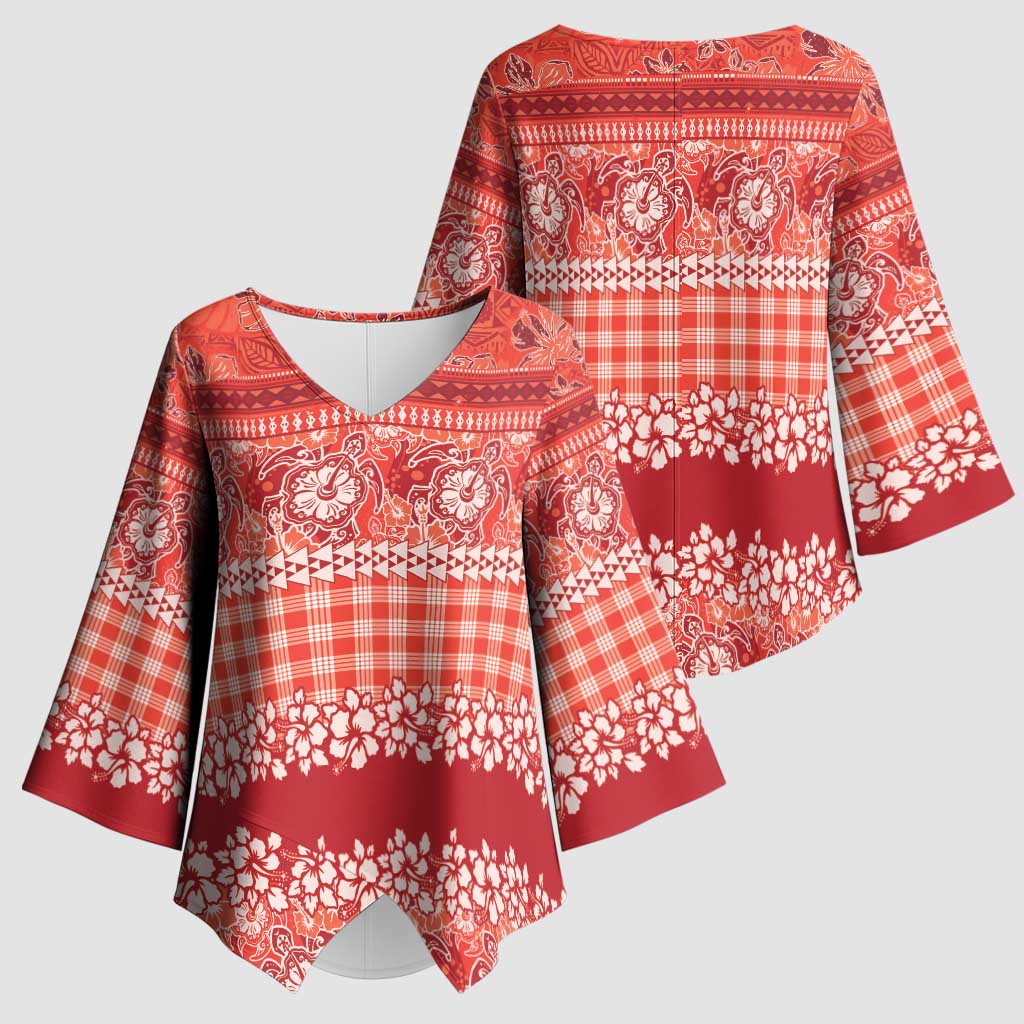 Hawaiian Hibiscus Honu Kimono Sleeve Blouse Red Mele Kalikimaka Palaka Spirit LT9 - Polynesian Pride