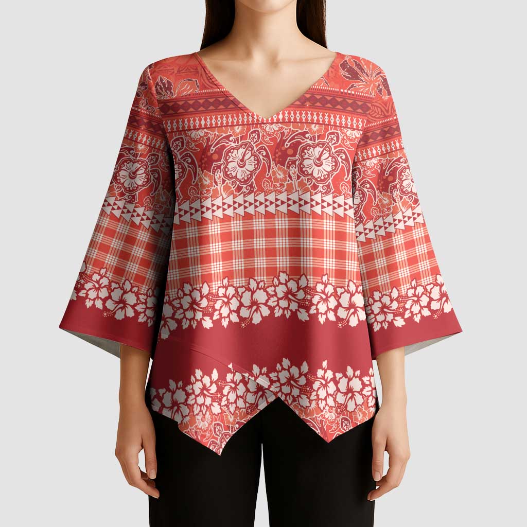 Hawaiian Hibiscus Honu Kimono Sleeve Blouse Red Mele Kalikimaka Palaka Spirit LT9 - Polynesian Pride