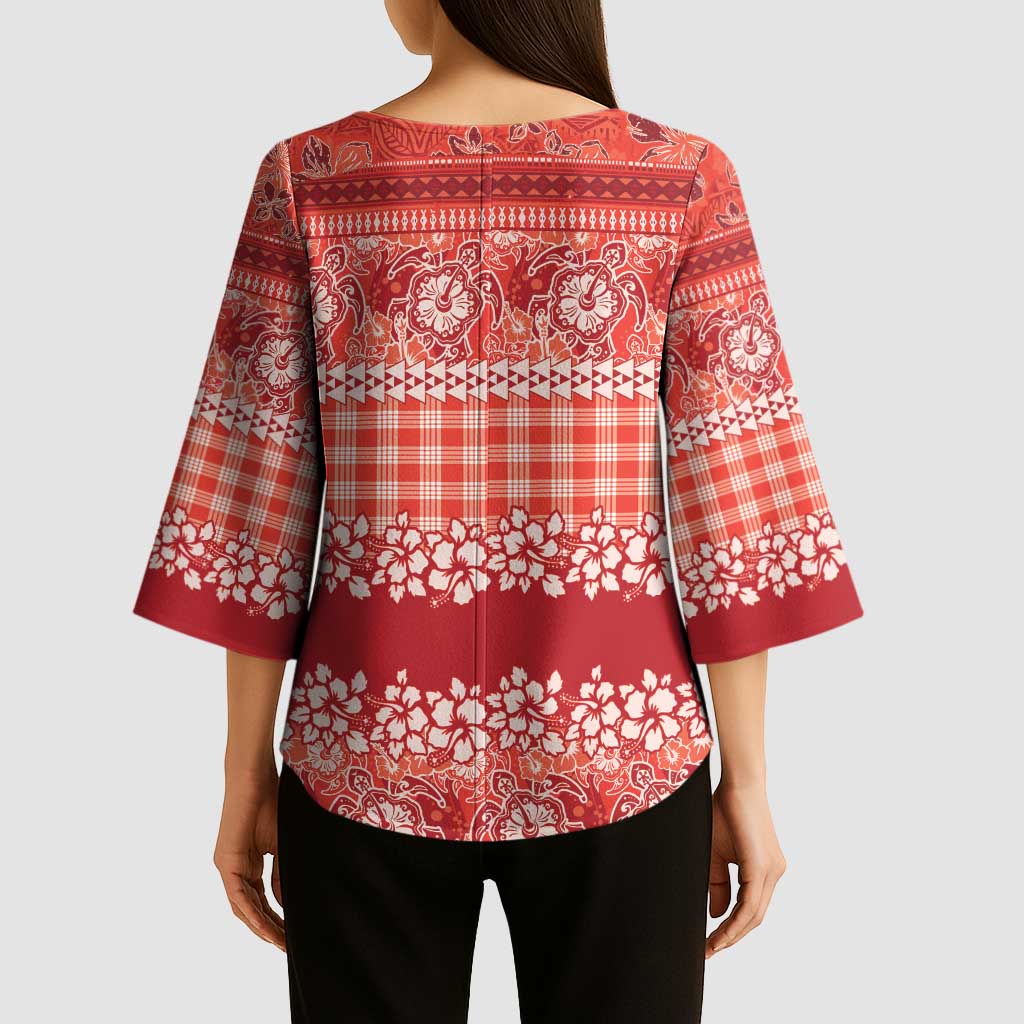 Hawaiian Hibiscus Honu Kimono Sleeve Blouse Red Mele Kalikimaka Palaka Spirit LT9 - Polynesian Pride