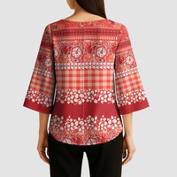 Hawaiian Hibiscus Honu Kimono Sleeve Blouse Red Mele Kalikimaka Palaka Spirit LT9 - Polynesian Pride