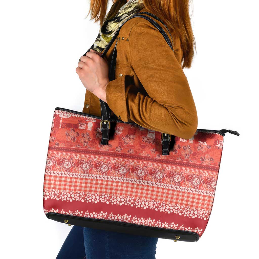 Hawaiian Hibiscus Honu Leather Tote Bag Red Mele Kalikimaka Palaka Spirit LT9 Red - Polynesian Pride