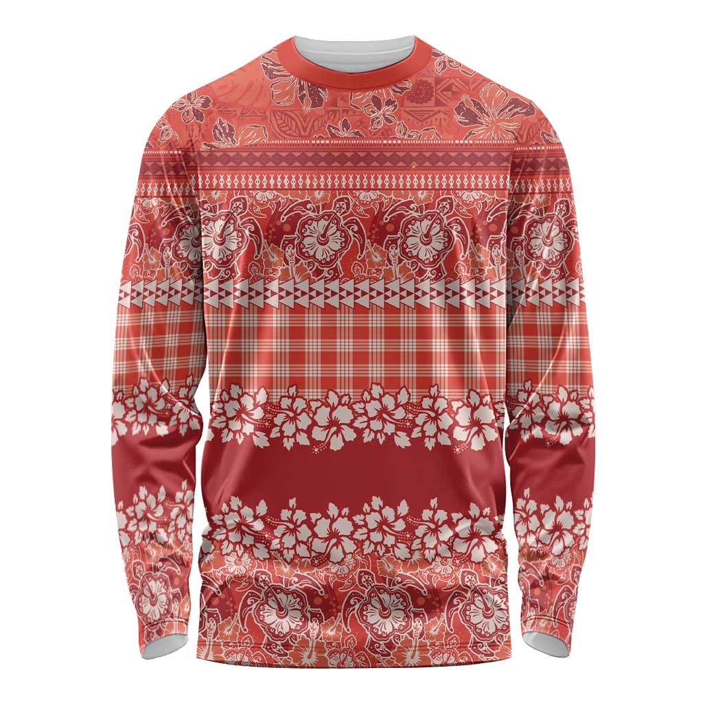 Hawaiian Hibiscus Honu Long Sleeve Shirt Red Mele Kalikimaka Palaka Spirit LT9 Unisex Red - Polynesian Pride