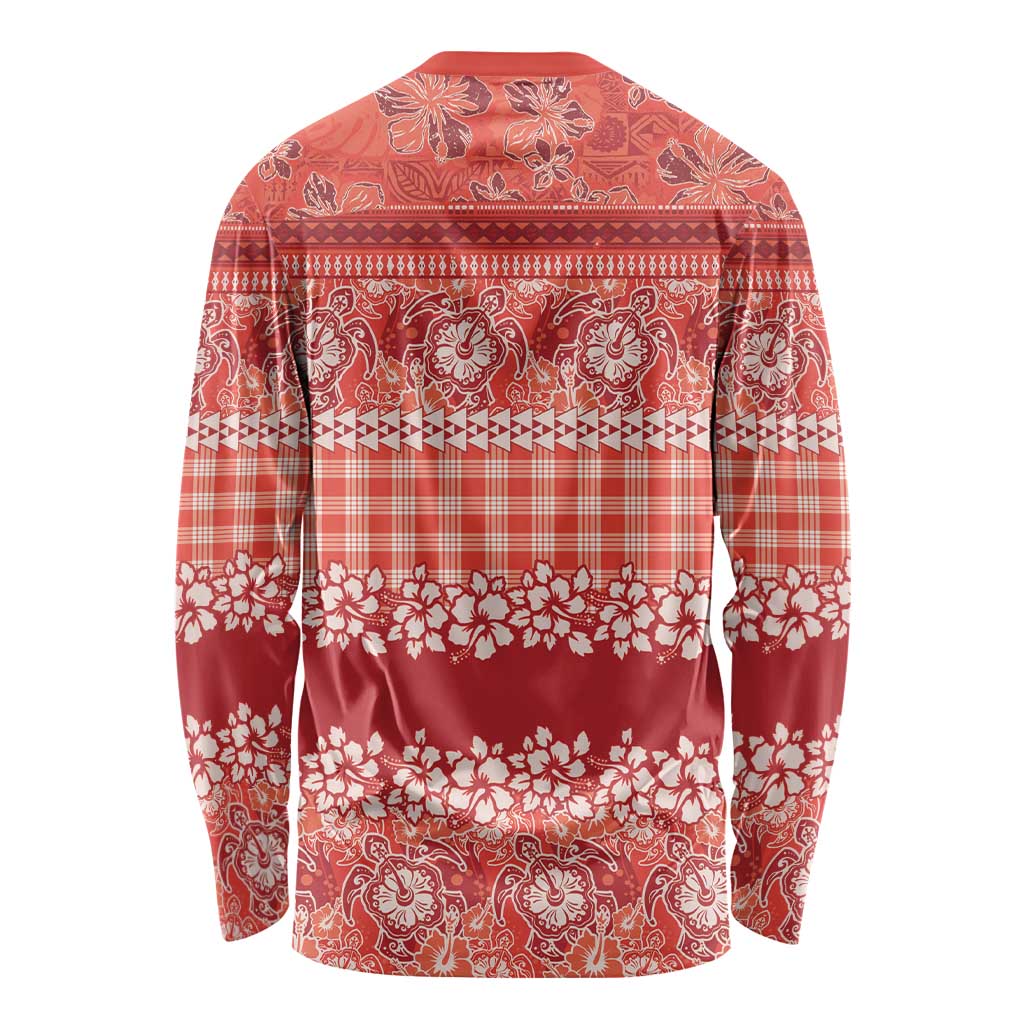 Hawaiian Hibiscus Honu Long Sleeve Shirt Red Mele Kalikimaka Palaka Spirit LT9 - Polynesian Pride