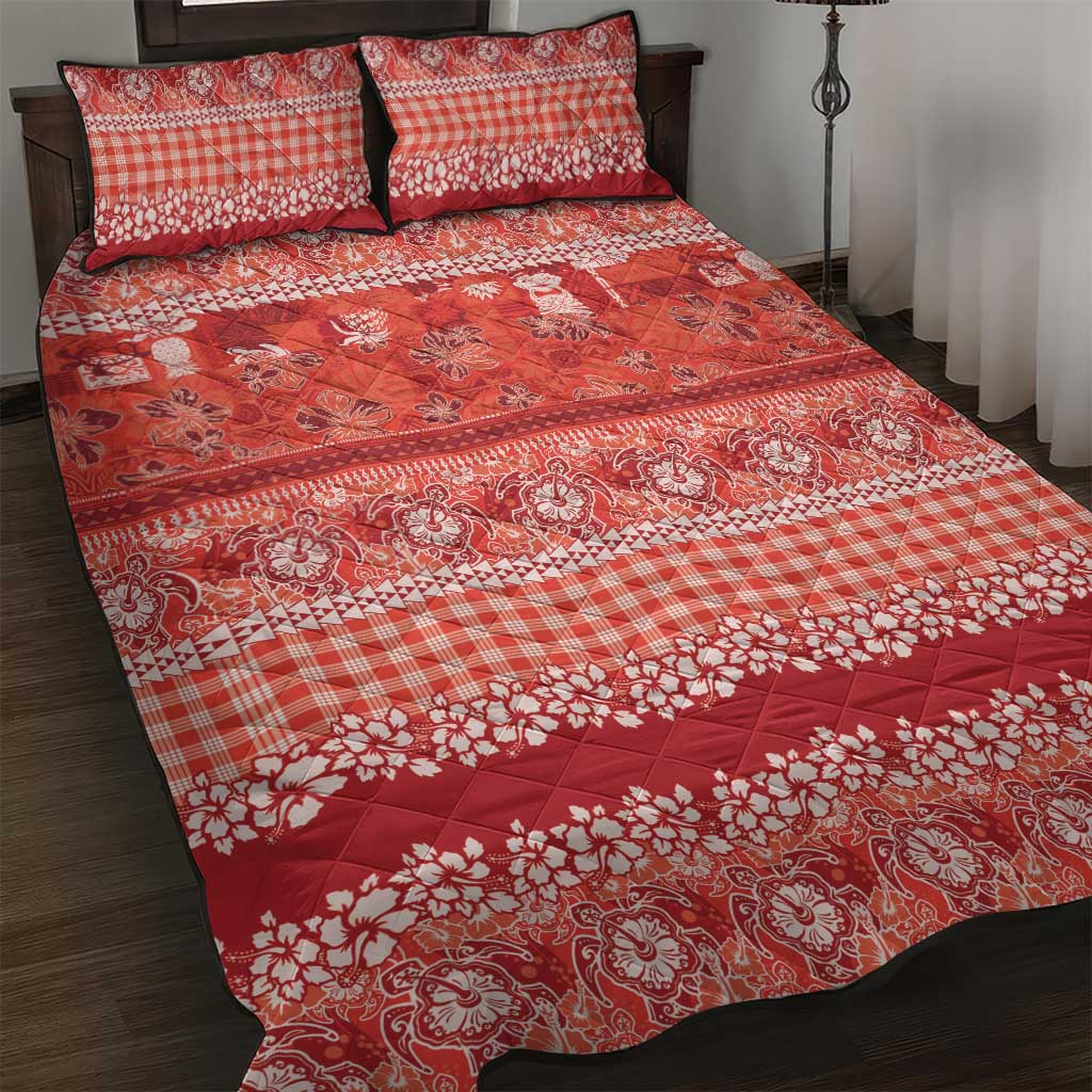 Hawaiian Hibiscus Honu Quilt Bed Set Red Mele Kalikimaka Palaka Spirit LT9 Red - Polynesian Pride