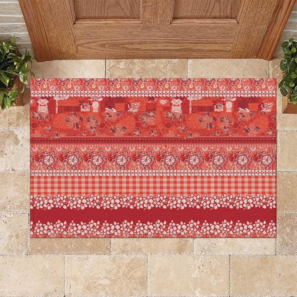 Hawaiian Hibiscus Honu Rubber Doormat Red Mele Kalikimaka Palaka Spirit LT9 Red - Polynesian Pride