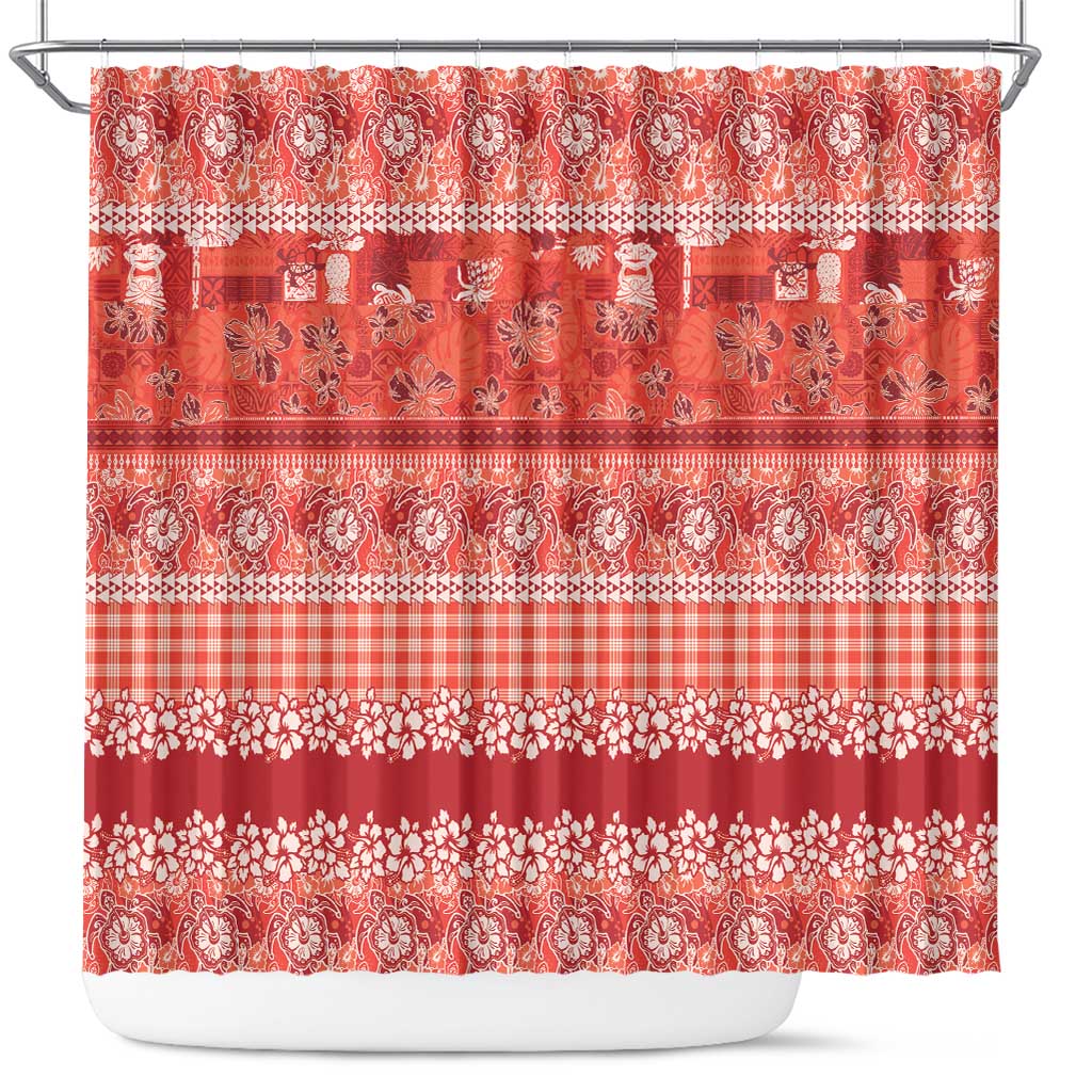 Hawaiian Hibiscus Honu Shower Curtain Red Mele Kalikimaka Palaka Spirit LT9 Red - Polynesian Pride