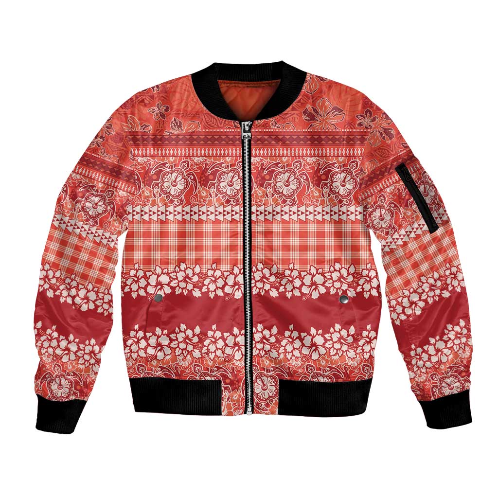 Hawaiian Hibiscus Honu Sleeve Zip Bomber Jacket Red Mele Kalikimaka Palaka Spirit LT9 Unisex Red - Polynesian Pride