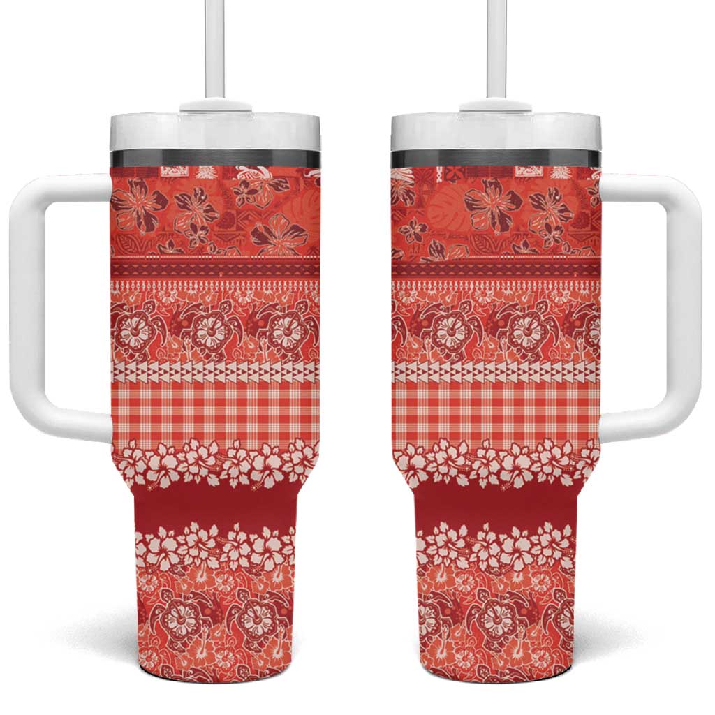 Hawaiian Hibiscus Honu Tumbler With Handle Red Mele Kalikimaka Palaka Spirit LT9 One Size: 40 oz Red - Polynesian Pride