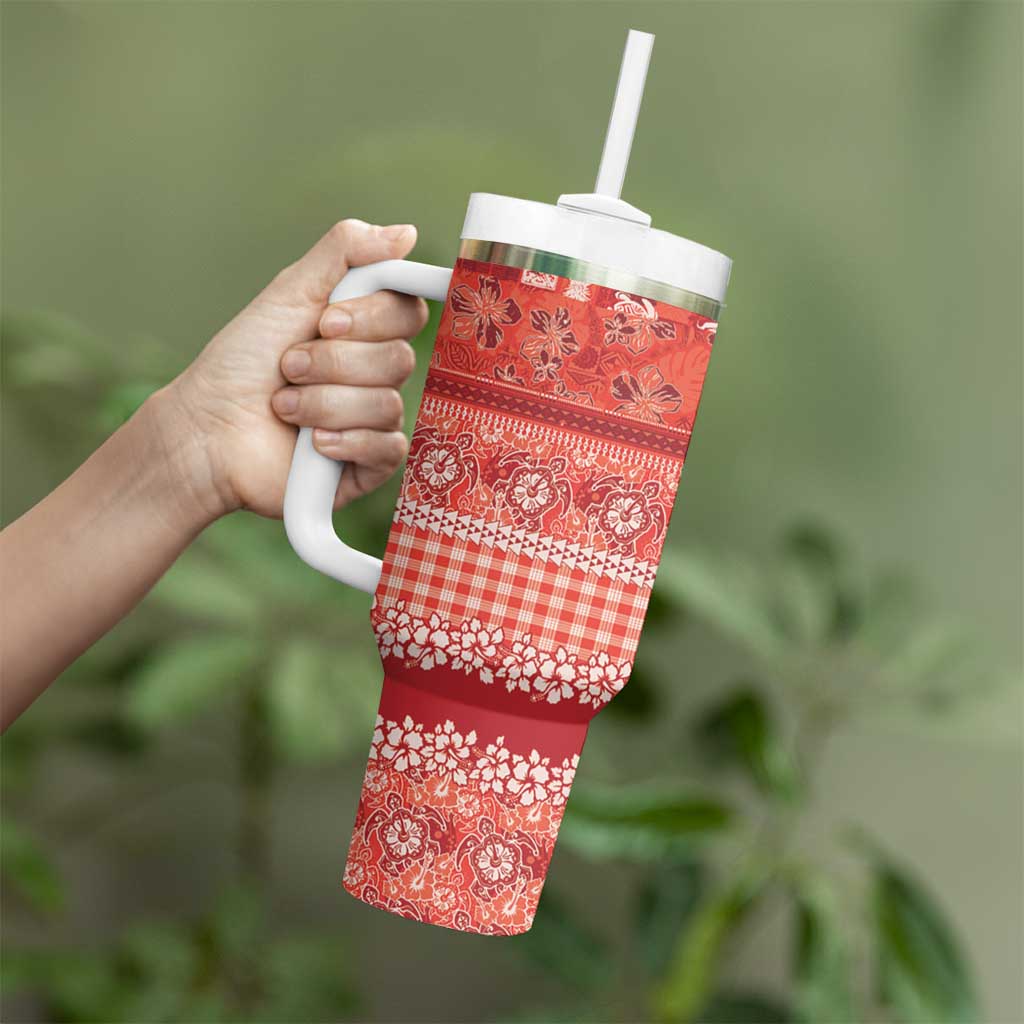 Hawaiian Hibiscus Honu Tumbler With Handle Red Mele Kalikimaka Palaka Spirit LT9 - Polynesian Pride