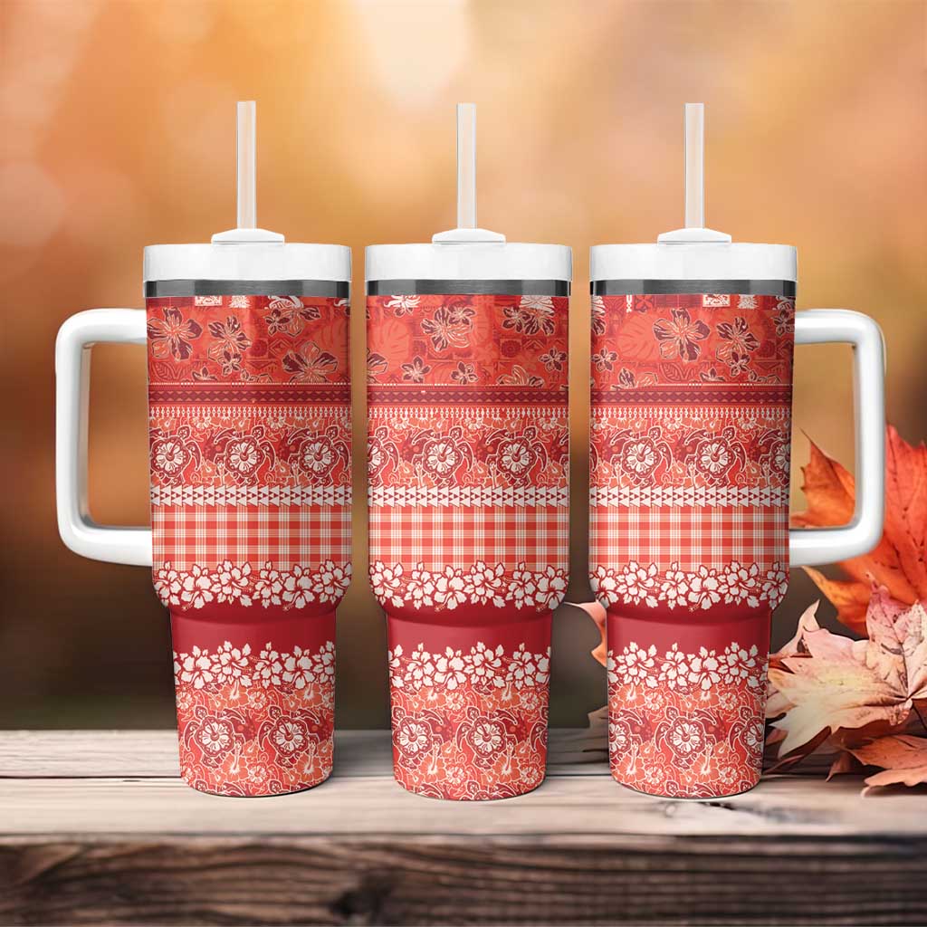 Hawaiian Hibiscus Honu Tumbler With Handle Red Mele Kalikimaka Palaka Spirit LT9 - Polynesian Pride