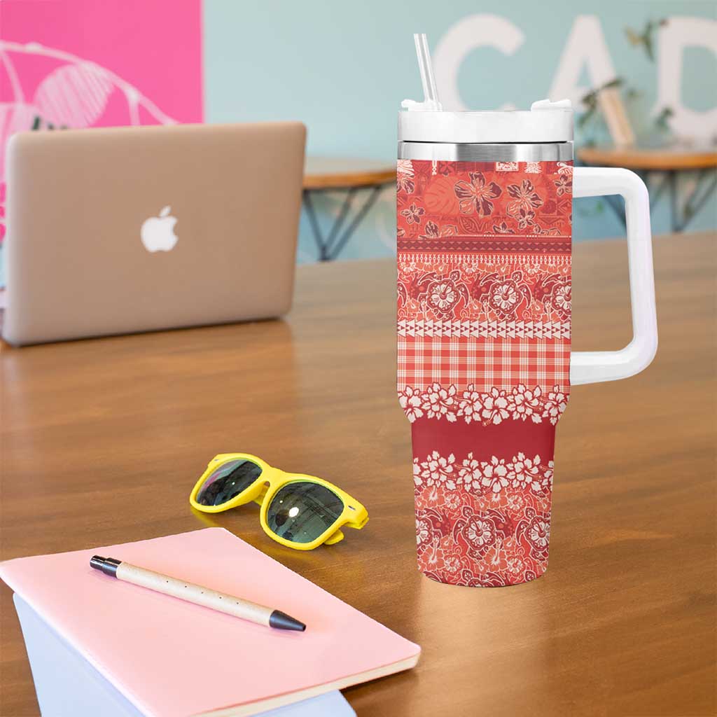 Hawaiian Hibiscus Honu Tumbler With Handle Red Mele Kalikimaka Palaka Spirit LT9 - Polynesian Pride