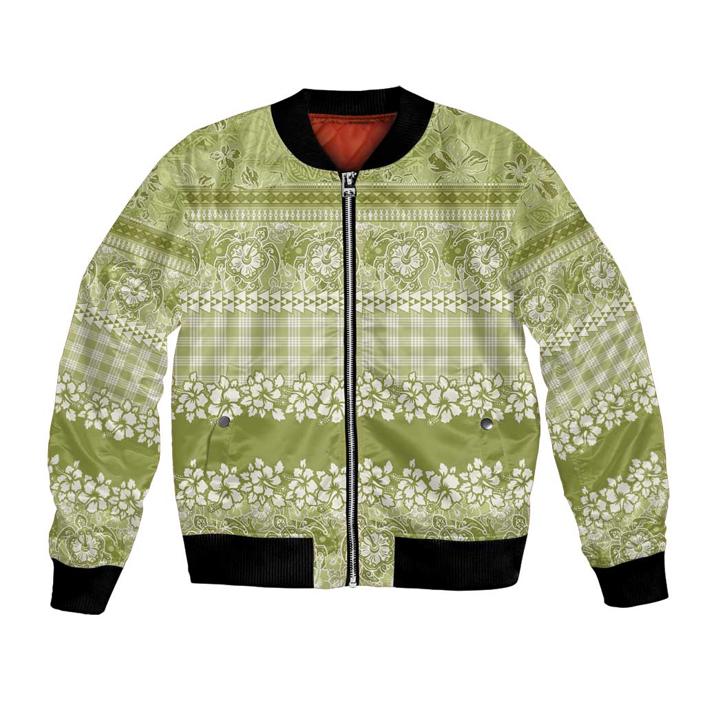 Hawaiian Hibiscus Honu Bomber Jacket Sage Green Mele Kalikimaka Palaka Spirit LT9 Unisex Sage Green - Polynesian Pride