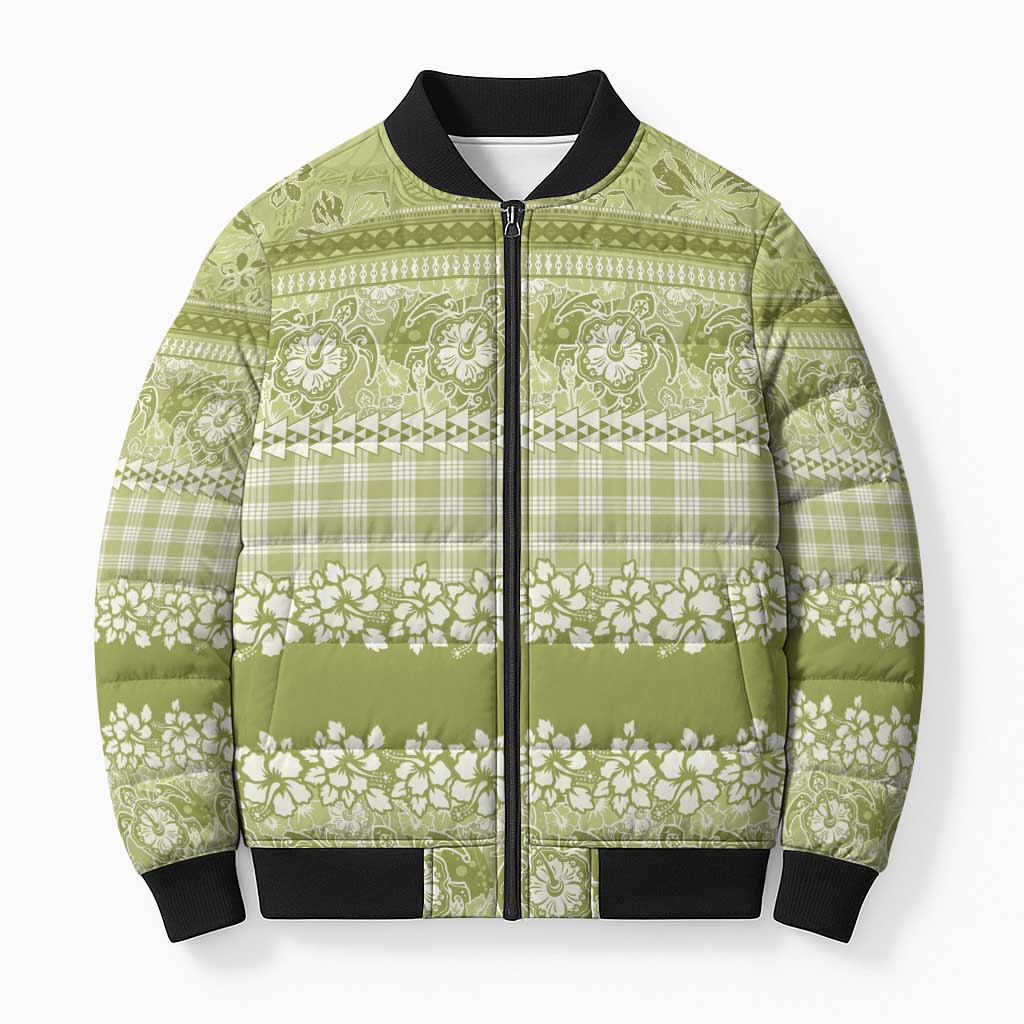 Hawaiian Hibiscus Honu Bomber Puffer Jacket Sage Green Mele Kalikimaka Palaka Spirit LT9 Unisex Sage Green - Polynesian Pride