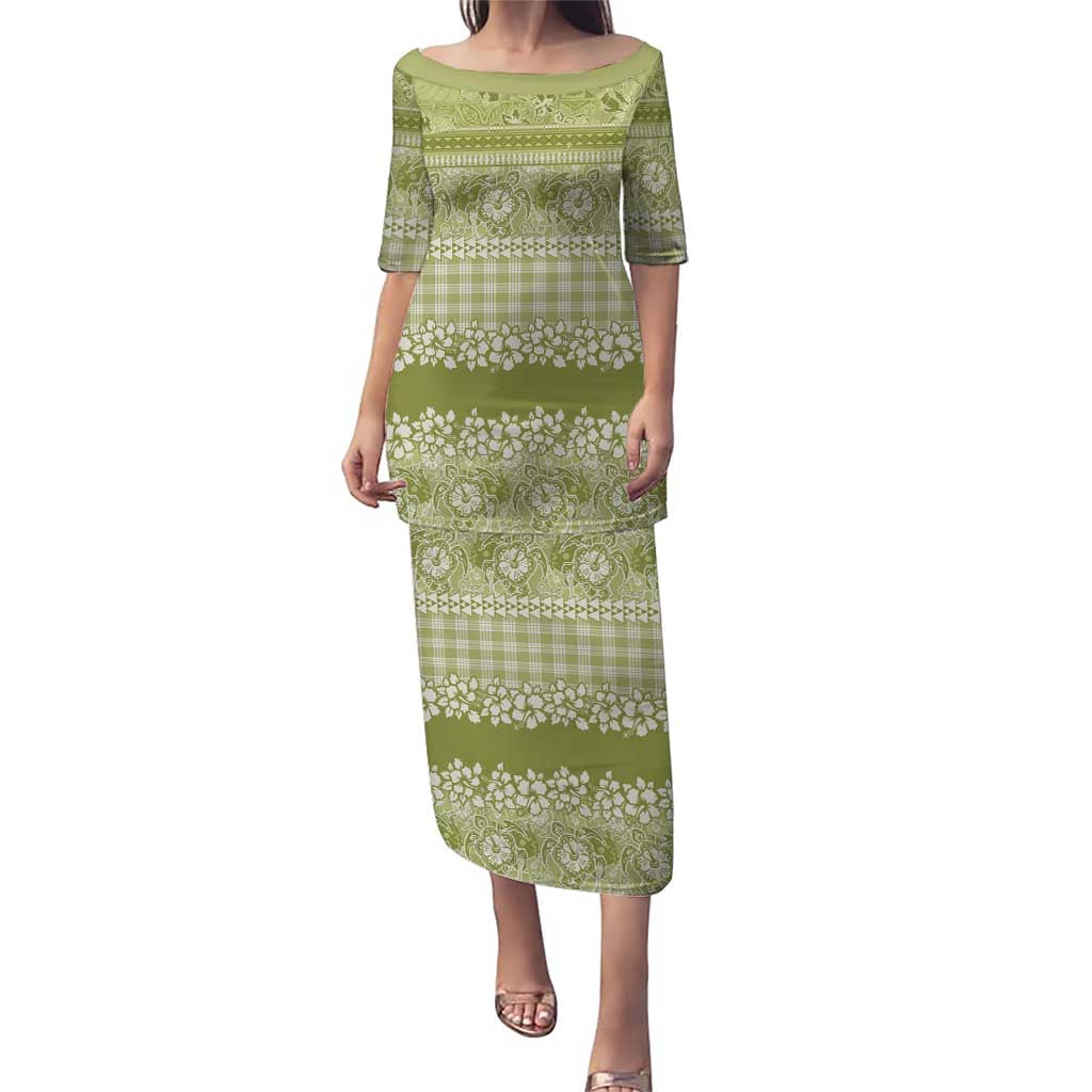 Hawaiian Hibiscus Honu Puletasi Sage Green Mele Kalikimaka Palaka Spirit LT9 Long Dress Sage Green - Polynesian Pride