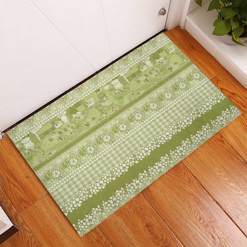 Hawaiian Hibiscus Honu Rubber Doormat Sage Green Mele Kalikimaka Palaka Spirit LT9 - Polynesian Pride