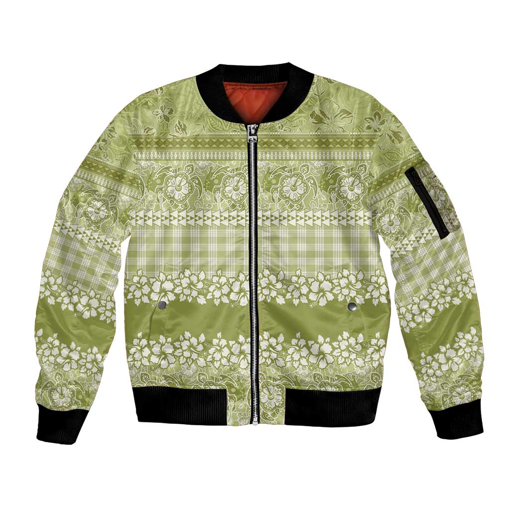 Hawaiian Hibiscus Honu Sleeve Zip Bomber Jacket Sage Green Mele Kalikimaka Palaka Spirit LT9 Unisex Sage Green - Polynesian Pride
