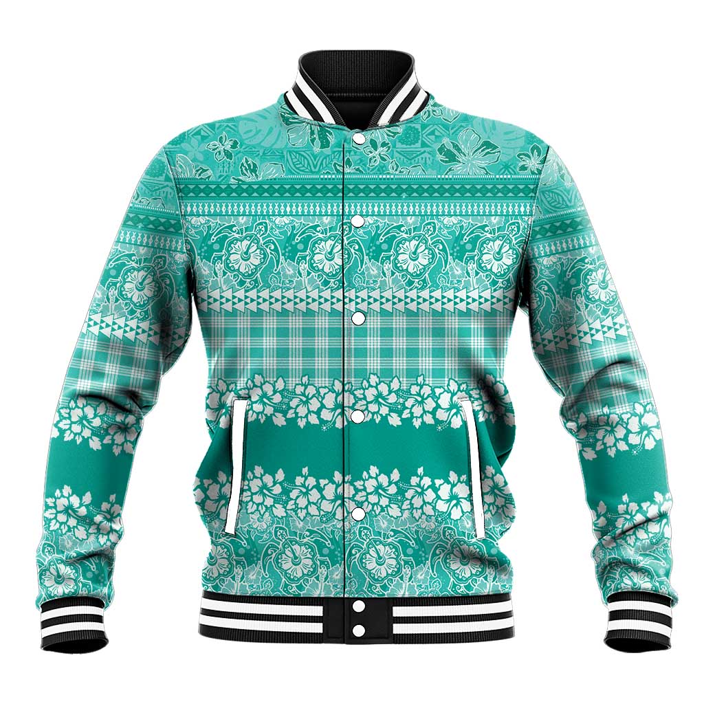Hawaiian Hibiscus Honu Baseball Jacket Turquoise Mele Kalikimaka Palaka Spirit LT9 Unisex Turquoise - Polynesian Pride