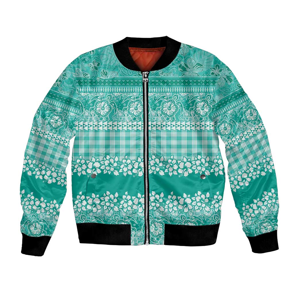 Hawaiian Hibiscus Honu Bomber Jacket Turquoise Mele Kalikimaka Palaka Spirit LT9 Unisex Turquoise - Polynesian Pride