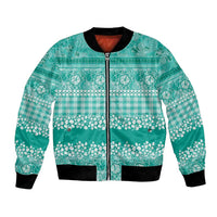Hawaiian Hibiscus Honu Bomber Jacket Turquoise Mele Kalikimaka Palaka Spirit LT9 Unisex Turquoise - Polynesian Pride