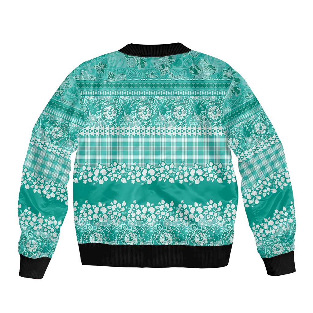 Hawaiian Hibiscus Honu Bomber Jacket Turquoise Mele Kalikimaka Palaka Spirit LT9 - Polynesian Pride