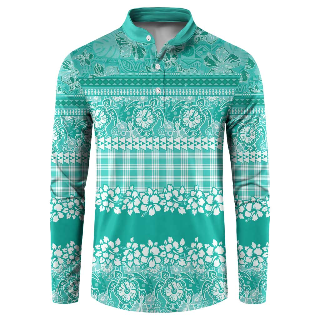 Hawaiian Hibiscus Honu Button Sweatshirt Turquoise Mele Kalikimaka Palaka Spirit LT9 Turquoise - Polynesian Pride