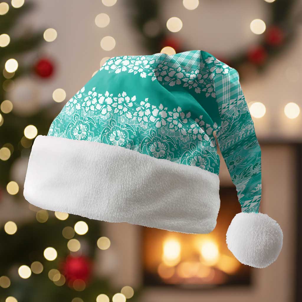 Hawaiian Hibiscus Honu Christmas Santa Hat - Turquoise Mele Kalikimaka Palaka Spirit LT9 Without Fur Turquoise - Polynesian Pride