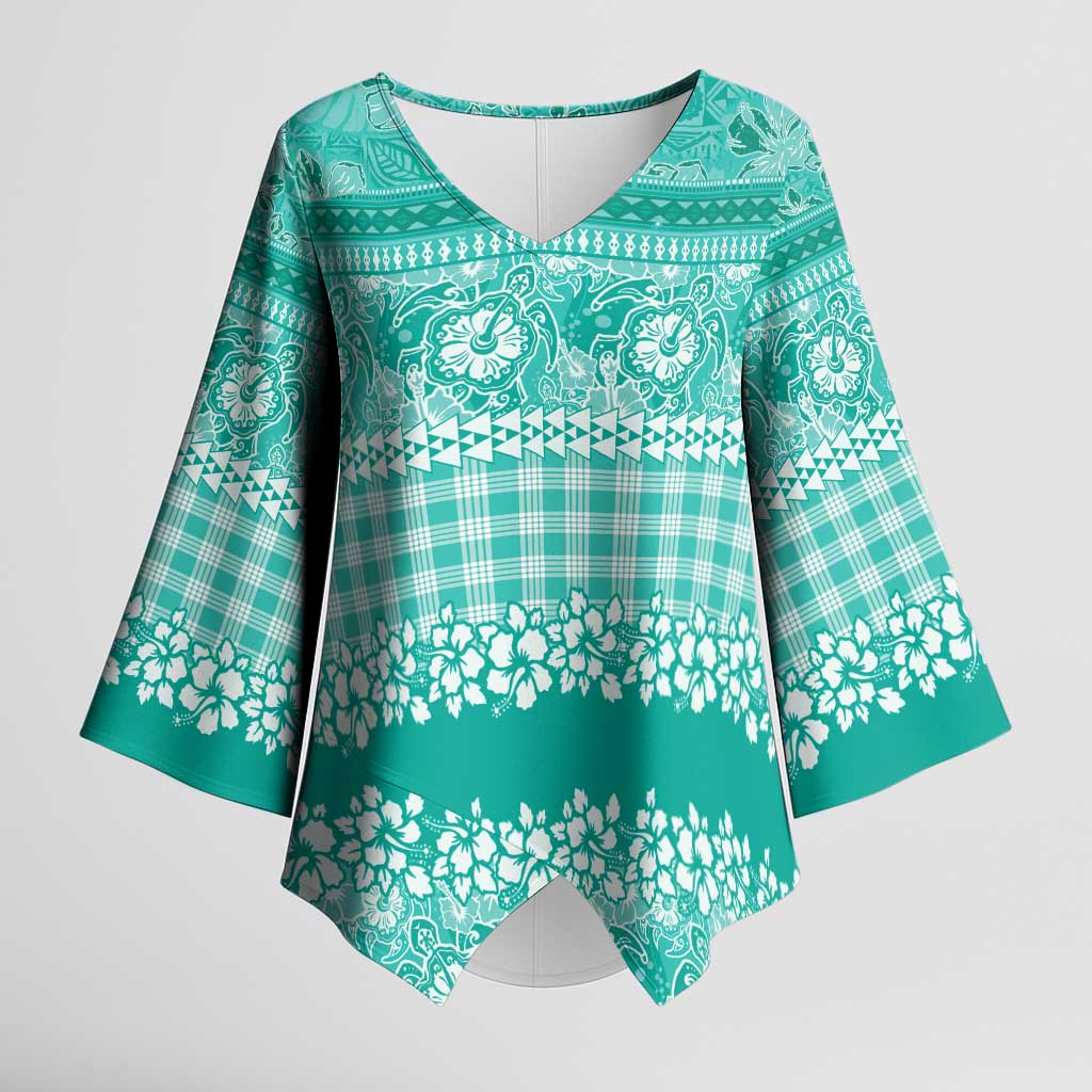 Hawaiian Hibiscus Honu Kimono Sleeve Blouse Turquoise Mele Kalikimaka Palaka Spirit LT9 Female Turquoise - Polynesian Pride