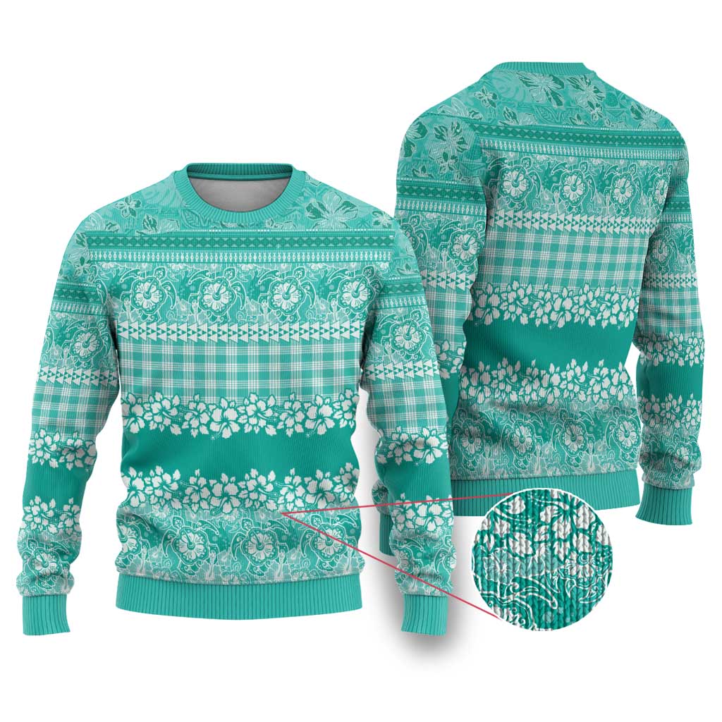 Hawaiian Hibiscus Honu Ugly Christmas Sweater Turquoise Mele Kalikimaka Palaka Spirit LT9 Turquoise - Polynesian Pride