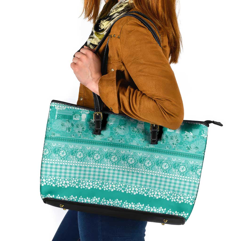Hawaiian Hibiscus Honu Leather Tote Bag Turquoise Mele Kalikimaka Palaka Spirit LT9 Turquoise - Polynesian Pride