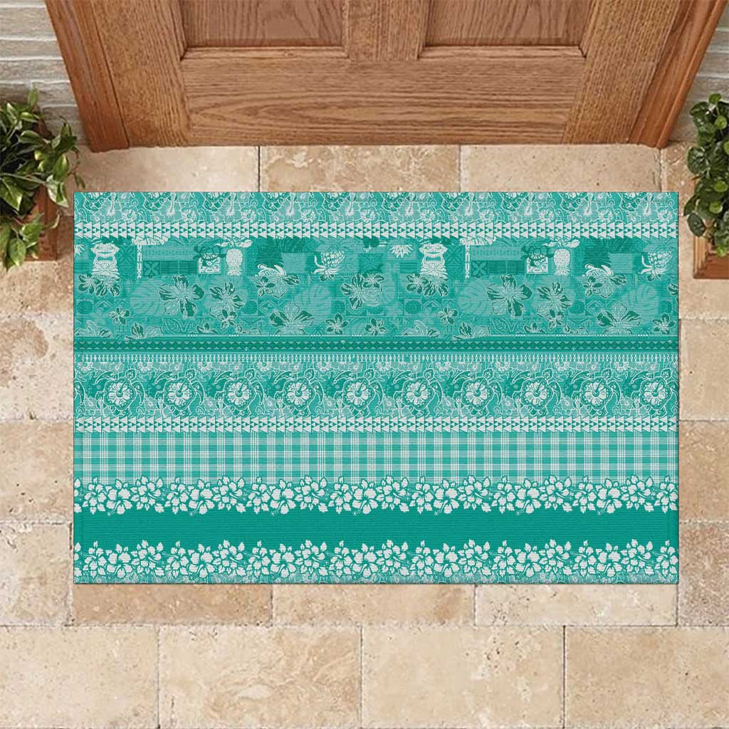 Hawaiian Hibiscus Honu Rubber Doormat Turquoise Mele Kalikimaka Palaka Spirit LT9 Turquoise - Polynesian Pride