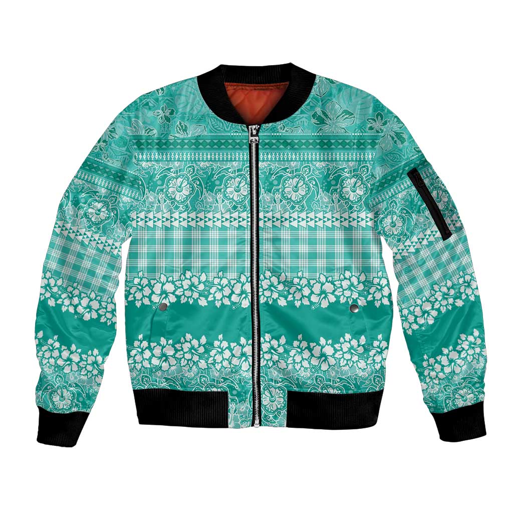 Hawaiian Hibiscus Honu Sleeve Zip Bomber Jacket Turquoise Mele Kalikimaka Palaka Spirit LT9 Unisex Turquoise - Polynesian Pride