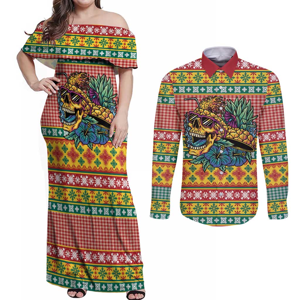 Hawaiian Pineapples Skull Couples Matching Off Shoulder Maxi Dress and Long Sleeve Button Shirt Mele Kalikimaka Palaka Quilt Pattern LT9 Yellow - Polynesian Pride