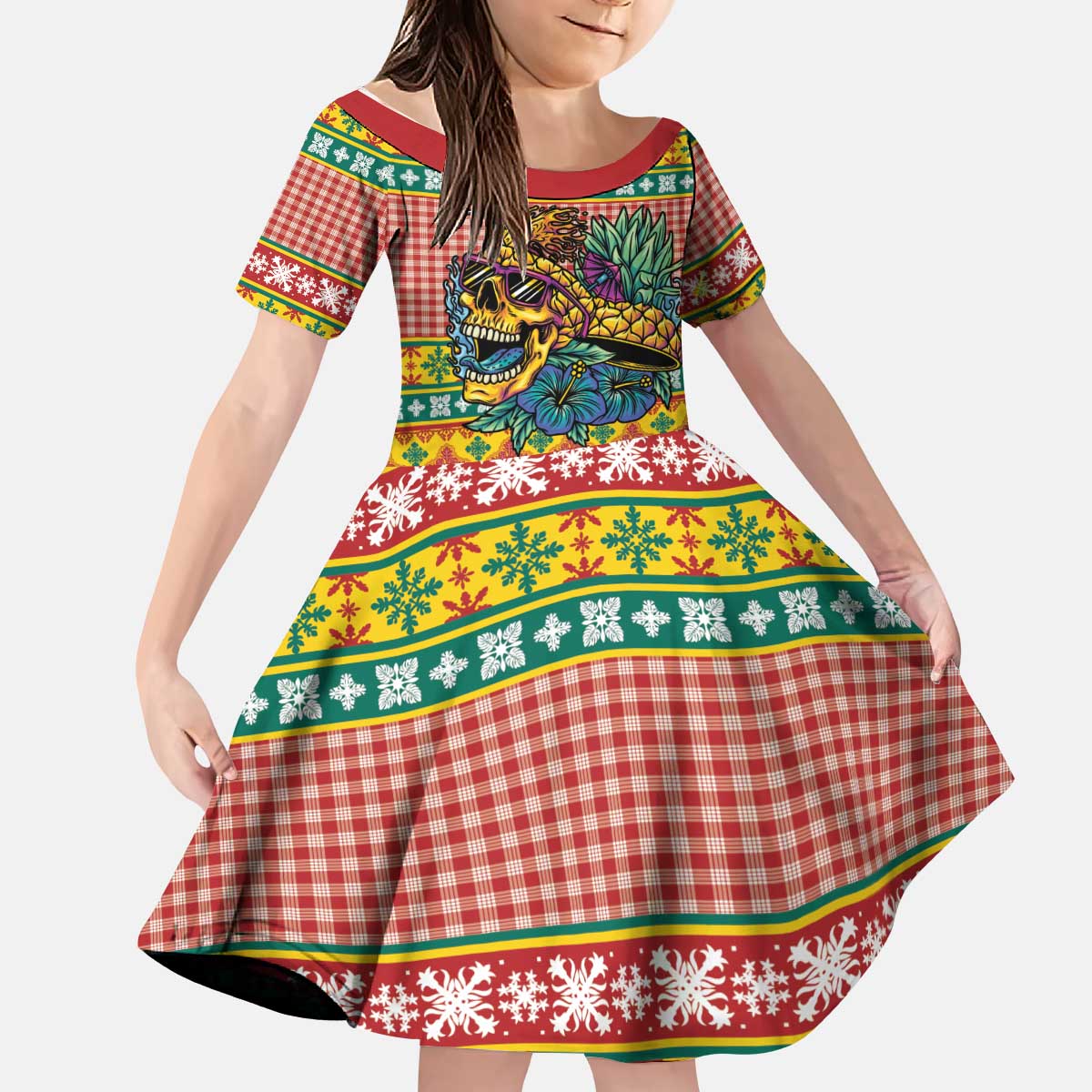 Hawaiian Pineapples Skull Kid Short Sleeve Dress Mele Kalikimaka Palaka Quilt Pattern LT9 KID Yellow - Polynesian Pride