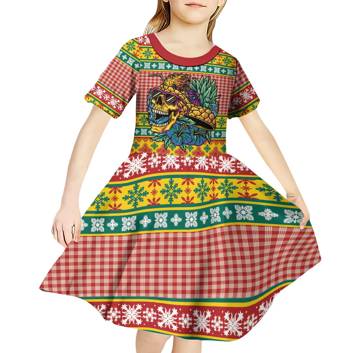Hawaiian Pineapples Skull Kid Short Sleeve Dress Mele Kalikimaka Palaka Quilt Pattern LT9 - Polynesian Pride
